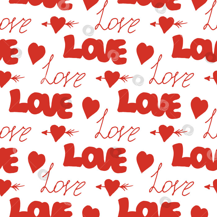 Скачать Бесшовный узор с красными словами "Любовь" и сердечками на белом фоне. Векторное изображение. фотосток Ozero