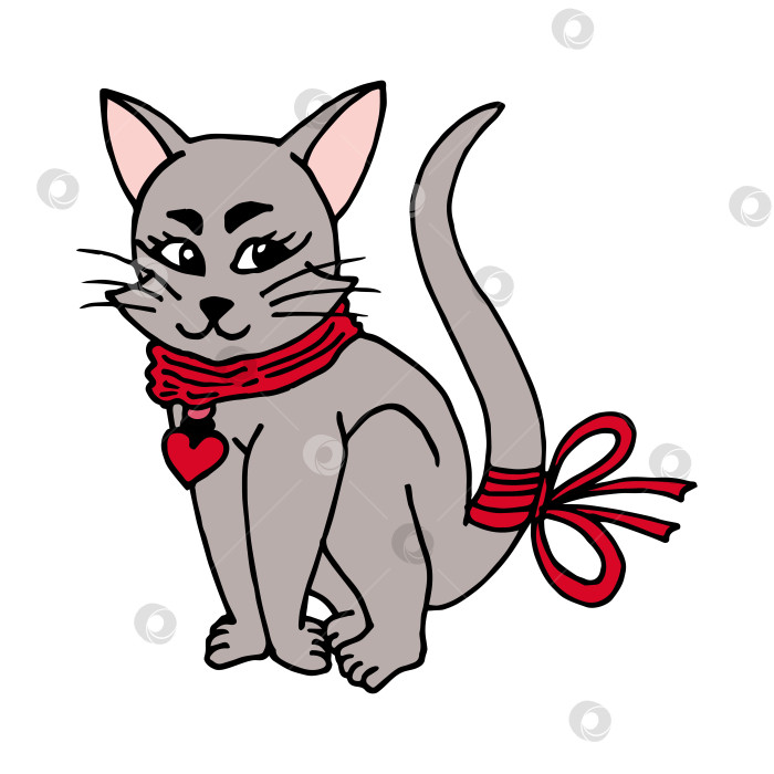 Скачать Серый хитрый кот с красным бантом на хвосте. Векторное изображение. фотосток Ozero