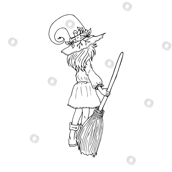 Скачать Очаровательная черно-белая маленькая девочка-ведьма в шляпе с метлой. Векторное изображение фотосток Ozero