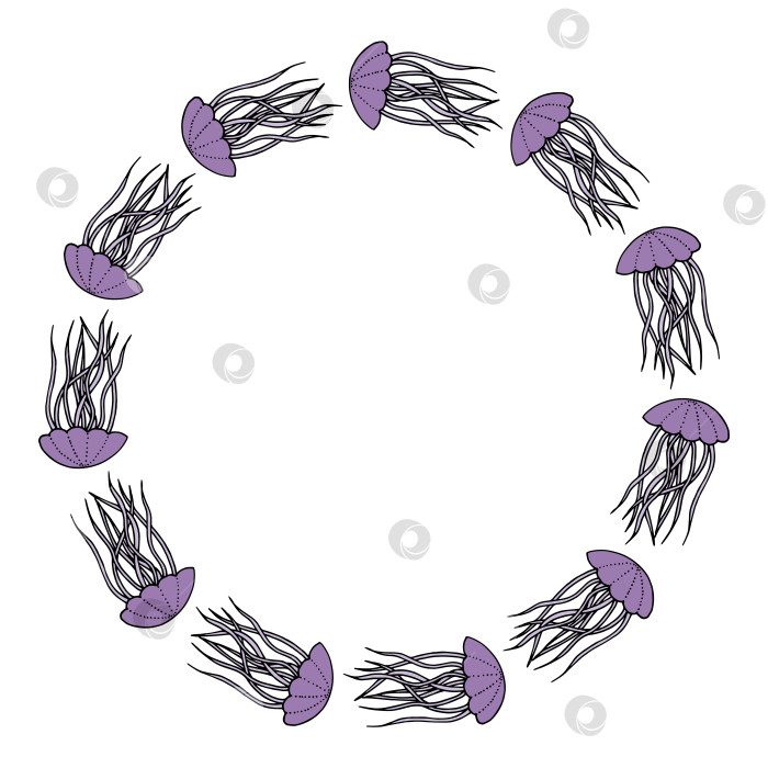 Скачать Круглая рамка с фиолетовой медузой на белом фоне. Векторное изображение. фотосток Ozero