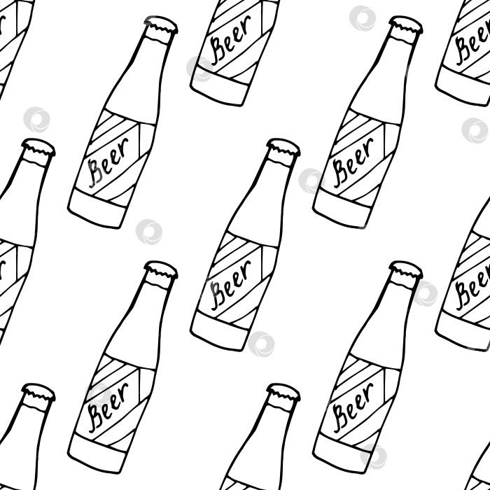 Скачать Бесшовный узор с черно-белой пивной бутылкой на белом фоне. Векторное изображение. фотосток Ozero