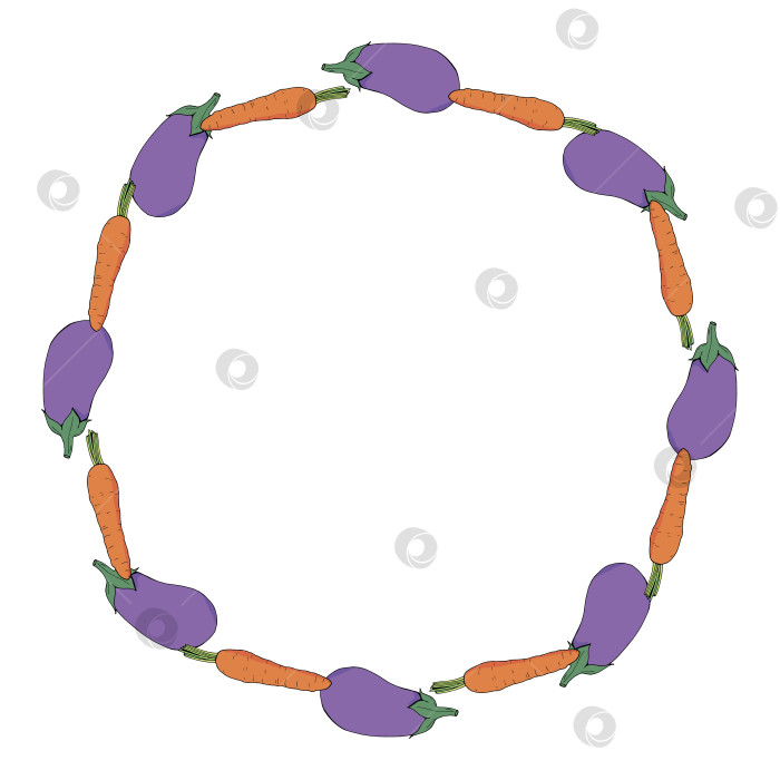 Скачать Круглая рамка с позитивными баклажанами и морковью на белом фоне. Векторное изображение. фотосток Ozero