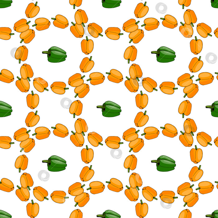 Скачать Бесшовный узор с нарисованными от руки оранжевыми и зелеными перцами на белом фоне. Векторное изображение. фотосток Ozero