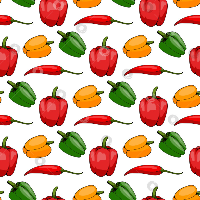 Скачать Бесшовный узор с позитивными зелеными, оранжевыми и красными перцами на белом фоне. Векторное изображение. фотосток Ozero