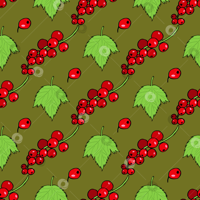 Скачать Бесшовный узор с красной смородиной и ее листьями на темно-зеленом фоне. Векторное изображение. фотосток Ozero