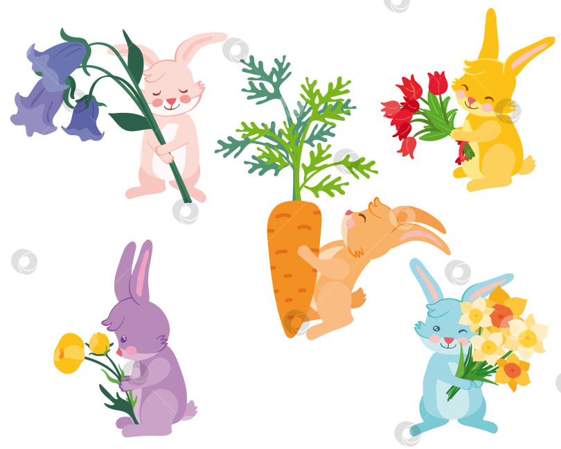 Скачать Кролики с весенними цветами и морковкой фотосток Ozero