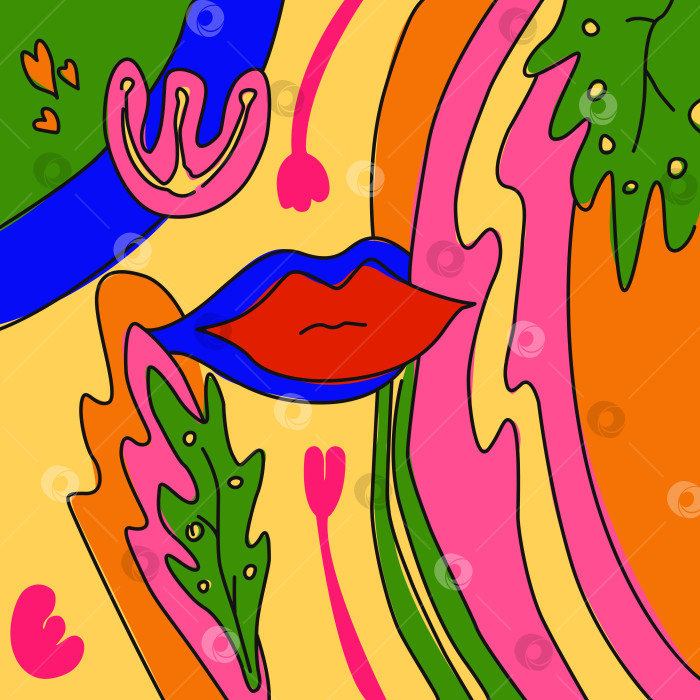 Скачать Яркая красочная рисованная абстракция с линиями и губами в стиле каракулей фотосток Ozero