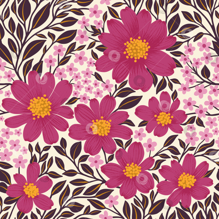 Скачать Цветочный бесшовный узор из пурпурно-розовых цветов и фиолетово-желтых листьев на белом фоне фотосток Ozero