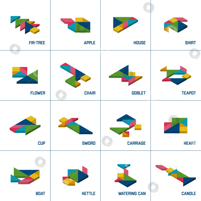 Скачать Головоломка Танграм. Набор изометрических объектов танграм. фотосток Ozero