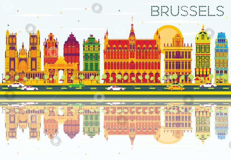 Скачать Горизонт Брюсселя с цветными зданиями, голубым небом и отражениями. фотосток Ozero
