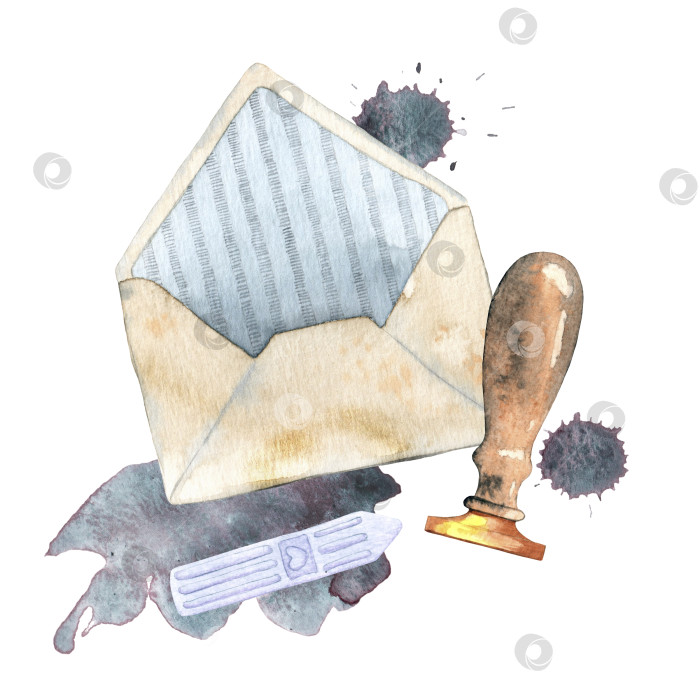 Скачать Акварельные иллюстрации винтажного конверта. Мультяшная иллюстрация для открытки, декора. фотосток Ozero