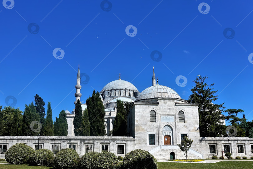 Скачать Древняя белокаменная мечеть. Купола и башни на фоне голубого неба.= фотосток Ozero
