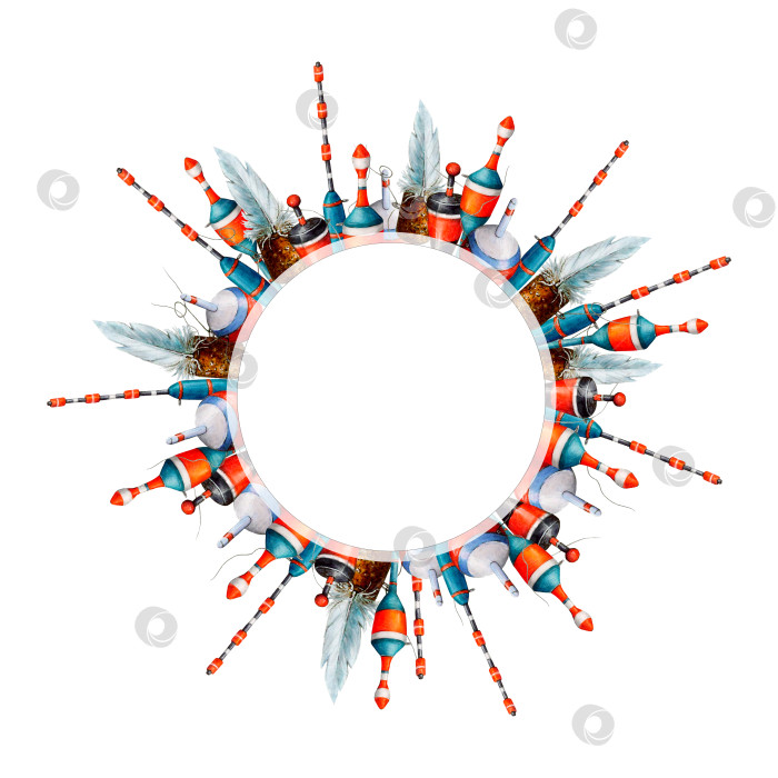 Скачать Акварельный рисунок круглой рамки из различных рыболовных поплавков, красных, белых, синих и черных, с леской. Рыболовные снасти для обоев, логотипов, баннеров, иконок, открыток, листовок, текстиля, открыток, оберточной бумаги, наклеек, обоев для рабочего стола фотосток Ozero