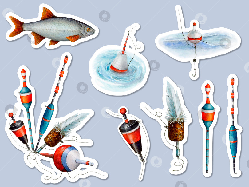Скачать Набор для акварельного рисования наклеек с изображением рыб, различных видов поплавков. Рыболовные снасти различных цветов и размеров для иллюстрации, логотипа, баннеров фотосток Ozero
