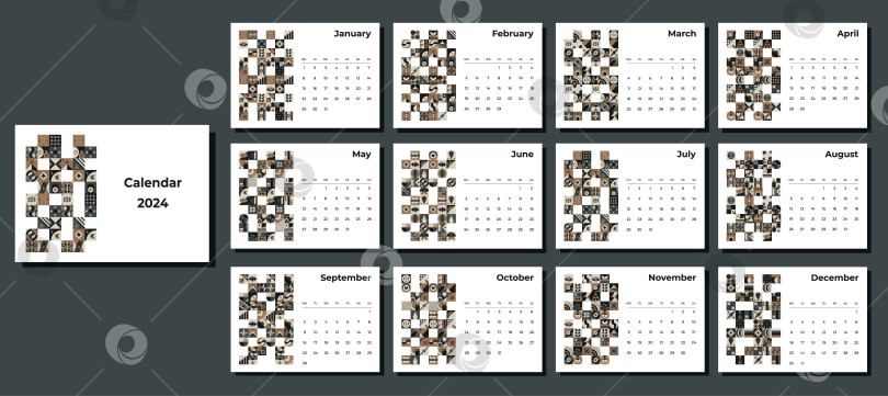 Скачать Календарь на 2024 год с геометрическими узорами. Шаблон ежемесячного календаря на 2024 год с геометрическими фигурами. фотосток Ozero