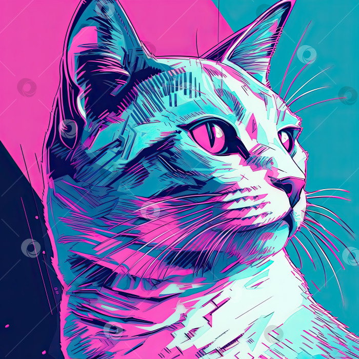 Скачать Паровой портрет кота в фиолетовом неоновом цвете. Генеративный искусственный интеллект. фотосток Ozero