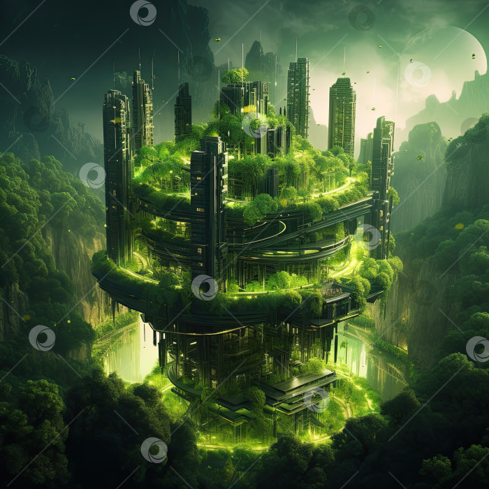 Скачать Футуристическая концепция окружающей среды и экология в зеленом цвете. Иллюстрация генеративного искусственного интеллекта. фотосток Ozero