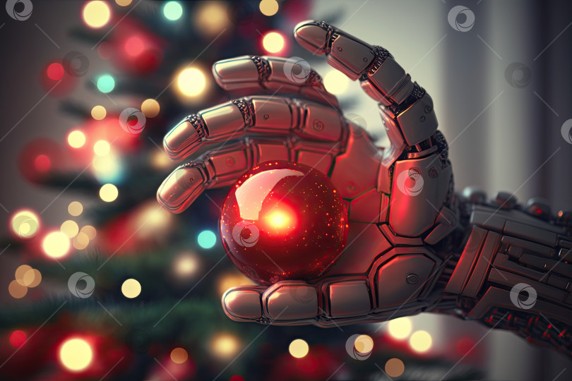 Скачать Роботизированная рука, держащая рождественскую елку с гирляндой, размытая рождественская елка на переднем плане. Генеративный искусственный интеллект. фотосток Ozero