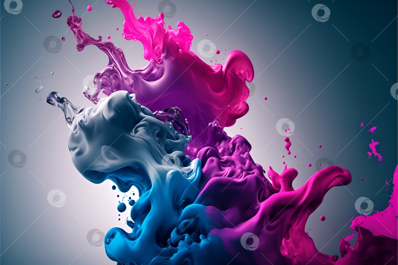 Скачать Абстрактный фон с брызгами жидкости в ярко-пурпурном и синем цветах. Генеративный искусственный интеллект. фотосток Ozero