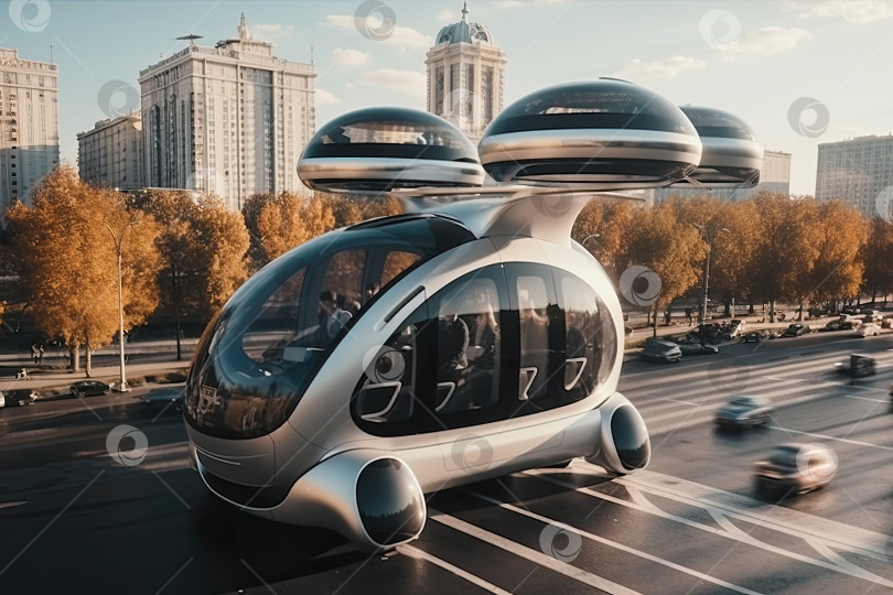 Скачать Экологичные современные и футуристические воздушные такси, летающие в современном городе. Генеративный искусственный интеллект. фотосток Ozero