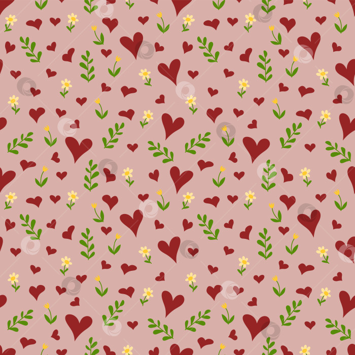 Скачать Набор бесшовных узоров ко Дню Святого Валентина размером 1000 на 1000 пикселей с сердечками и цветами. фотосток Ozero