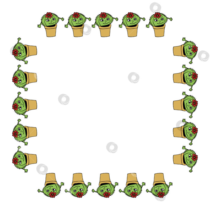 Скачать Квадратная рамка с милым улыбающимся кактусом на белом фоне. Стиль каракулей. Векторное изображение. фотосток Ozero