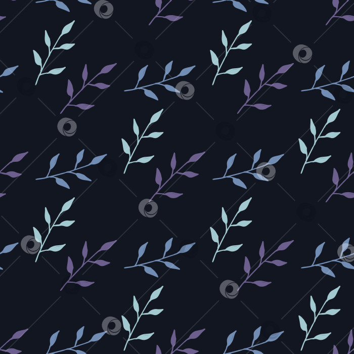 Скачать Бесшовный узор с фиолетовыми и синими ветвями на темно-синем фоне. Векторное изображение. фотосток Ozero