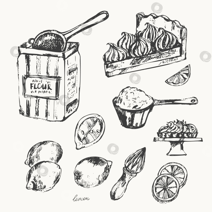 Скачать Рисованная иллюстрация еды, эскиз лимонного пирога с меренгой, лимоны, фотосток Ozero