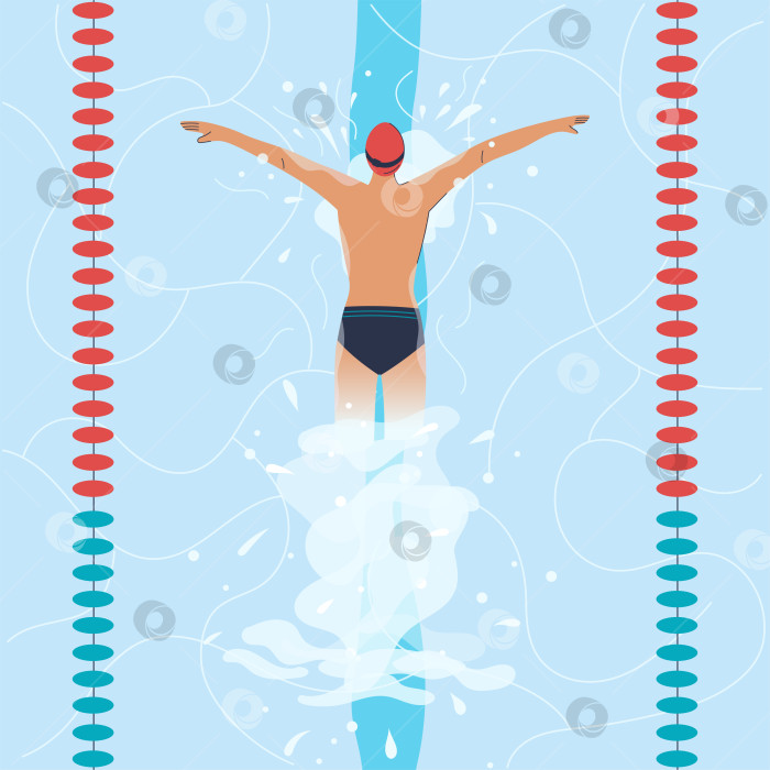 Скачать Спортсмен-пловец в бассейне плавает стилем баттерфляй. Занятия спортом, соревнование по бегу на время или урок плавания. Вид сверху. Плоская векторная иллюстрация фотосток Ozero