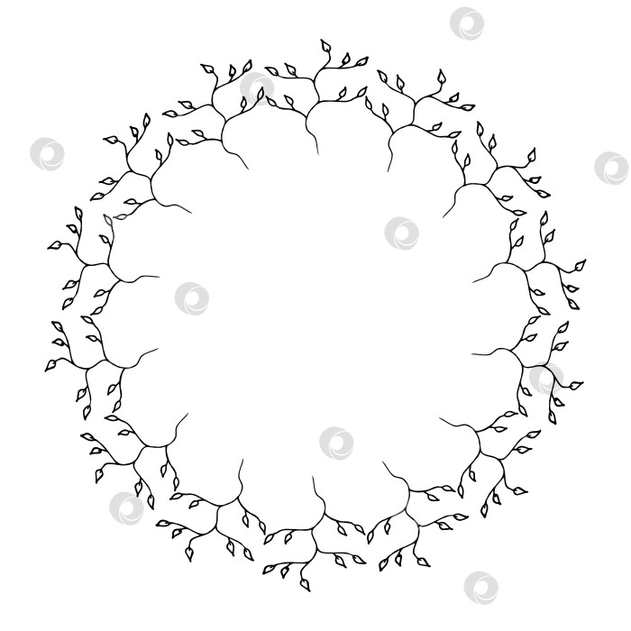 Скачать Круглая рамка с креативными черно-белыми ветвями на белом фоне. Стиль каракулей. Векторное изображение. фотосток Ozero