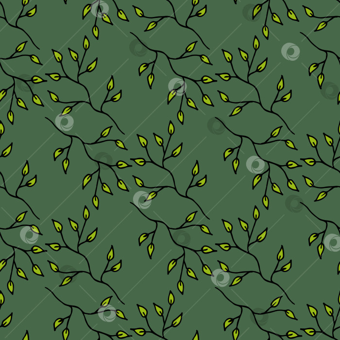 Скачать Бесшовный узор с ветвями каракулей на темно-зеленом фоне. Векторное изображение. фотосток Ozero