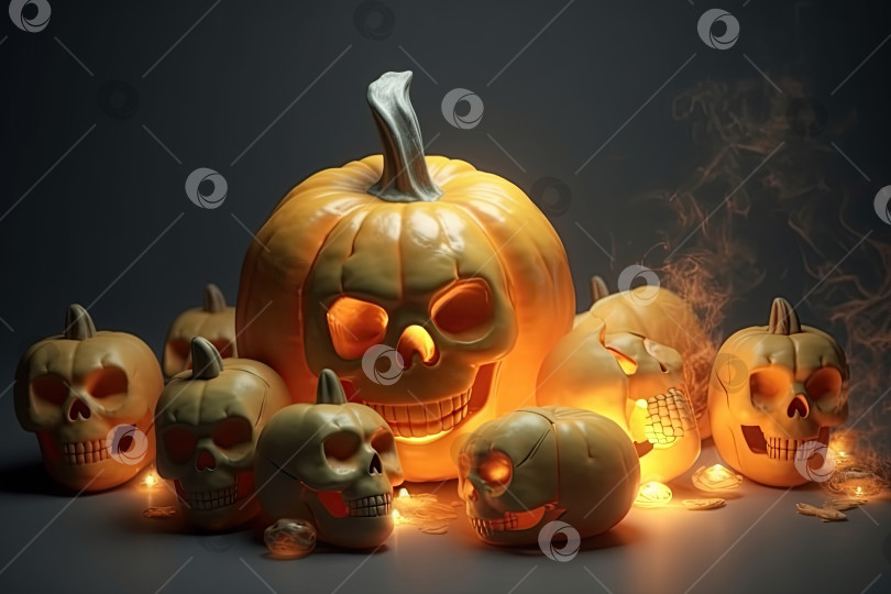 Скачать Хэллоуин тыквы и черепа 3D темный фон фотосток Ozero
