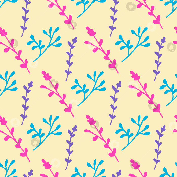 Скачать Бесшовный узор с розовыми, фиолетовыми и синими ветвями на пастельно-желтом фоне. Векторное изображение. фотосток Ozero