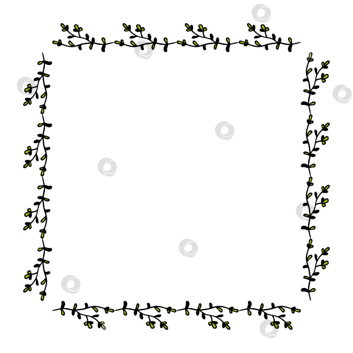 Скачать Квадратная рамка с позитивными зелеными и черными ветвями на белом фоне. Векторное изображение. фотосток Ozero