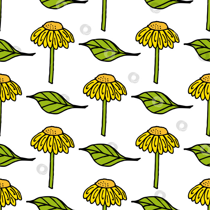 Скачать Бесшовный узор с потрясающими желтыми цветами и листьями на белом фоне. Векторное изображение. фотосток Ozero
