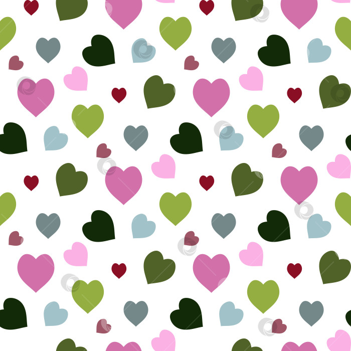 Скачать Бесшовный узор с зелеными, голубыми, розовыми сердечками на белом фоне. Векторное изображение. фотосток Ozero