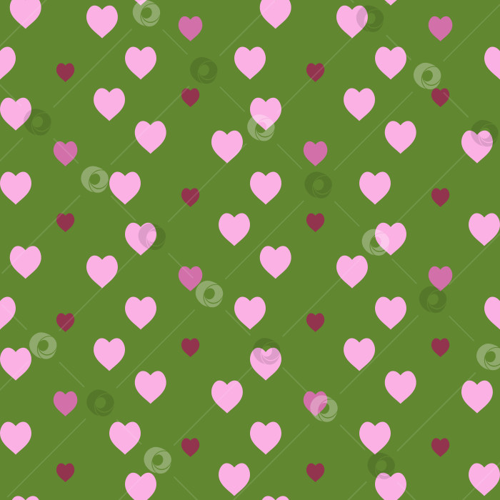 Скачать Бесшовный узор со светло- и темно-розовыми сердечками на зеленом фоне. Векторное изображение. фотосток Ozero