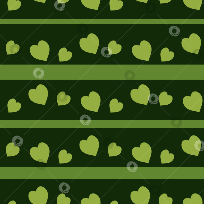 Скачать Бесшовный узор со светло-зелеными сердечками на зеленом фоне. Векторное изображение. фотосток Ozero