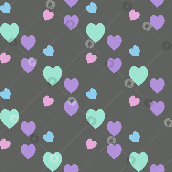 Скачать Бесшовный узор с мятно-зелеными, розовыми, фиолетовыми и голубыми сердечками на сером фоне. Векторное изображение. фотосток Ozero