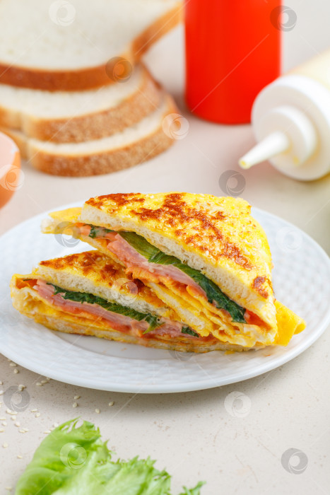 Скачать Изысканный сэндвич с ветчиной с яйцами, сыром, томатным соусом или кетчупом, фотосток Ozero