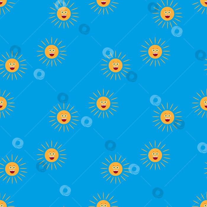 Скачать Бесшовный узор с улыбающимся солнцем на синем фоне. Векторное изображение. фотосток Ozero