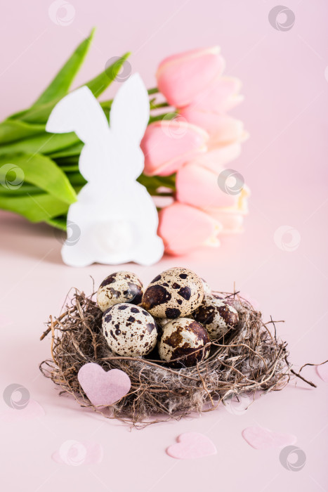 Скачать Пасхальное гнездышко с перепелиными яйцами и сердечком, белым кроликом и ту фотосток Ozero