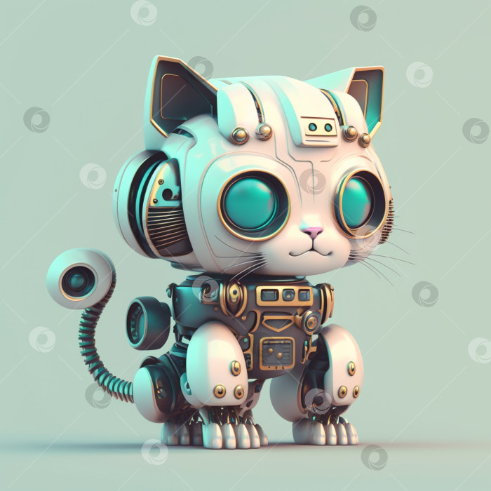 Скачать Симпатичный робот-кибер-кот в 3d-рендере, белый, серый и металлический, с голубыми глазами на светло-сером фоне фотосток Ozero