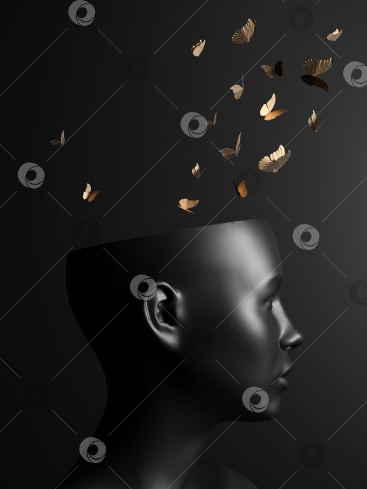Скачать Женская голова и бабочка, летящая на черном фоне свободы. 3D рендеринг фотосток Ozero