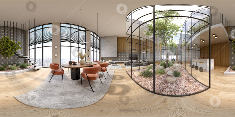 Скачать 360-градусная панорама современного интерьера помещения с 3D-рендерингом фотосток Ozero