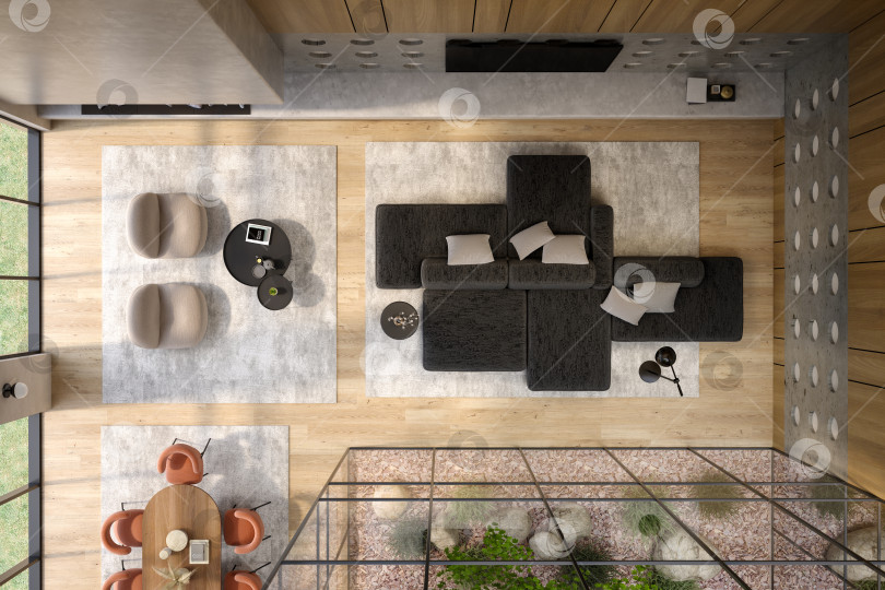 Скачать Концептуальный интерьер комнаты в современном стиле вид сверху 3d иллюстрация фотосток Ozero