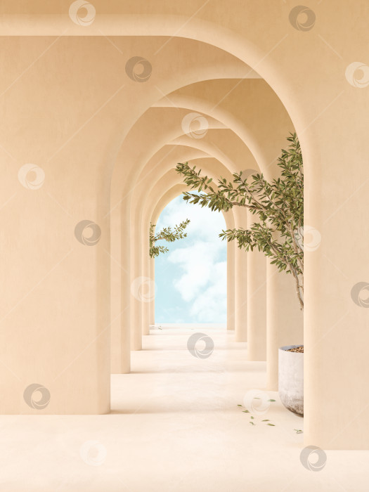 Скачать внутренний коридор с арками в средиземноморском стиле с 3D-рендерингом фотосток Ozero