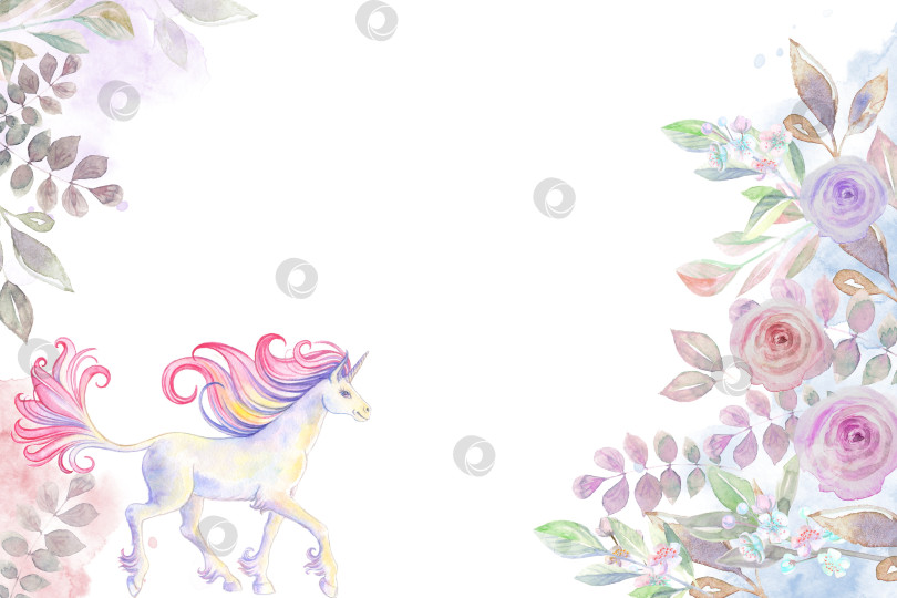 Скачать Горизонтальная открытка с цветочным узором из роз и горизонтального единорога фотосток Ozero