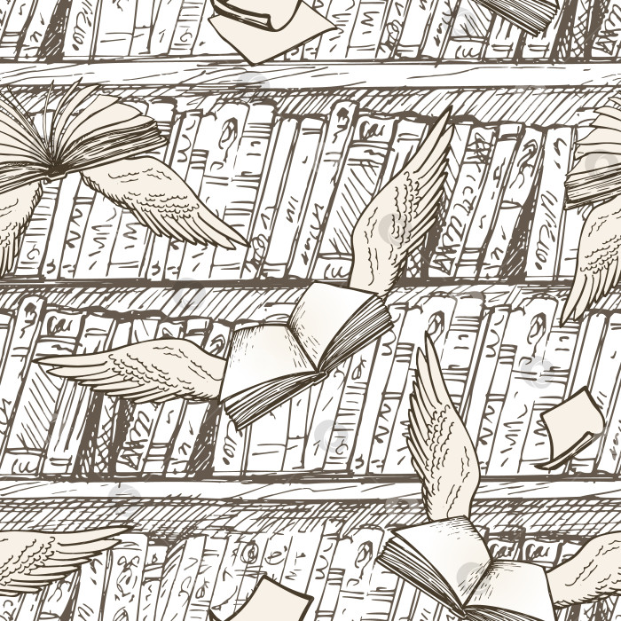 Скачать Векторная иллюстрация волшебной библиотеки. Книги с крыльями, летающие книги. фотосток Ozero