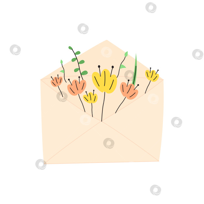 Скачать Симпатичная мультяшная иллюстрация конверта с цветами желтого и розового цветов. Растения в каракулях на конверте. фотосток Ozero